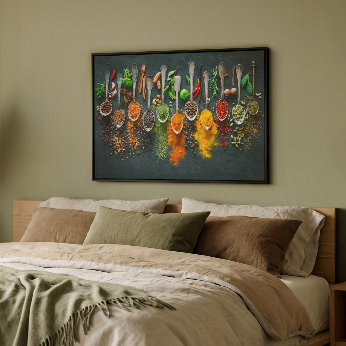 LEINWAND Bilder mit Rahmen - Kräuter - Gewürze - Löffel - 70x50 - Currygelb, Textil (70/50cm) - MuchoWow