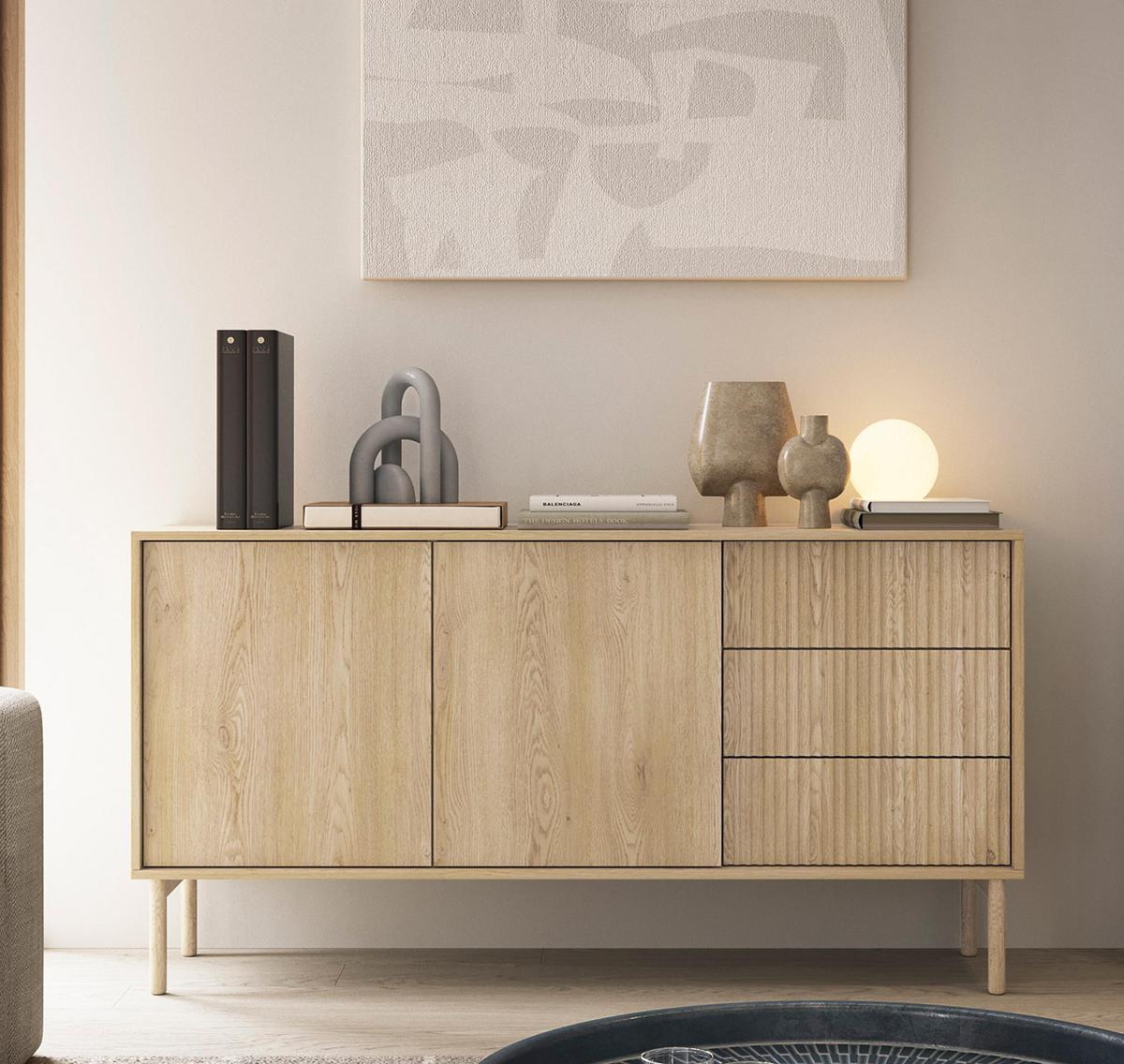 SIDEBOARD Trentinis 2T 3S Beige 153,5/81,4/39,5 cm – Geriffelte Fronten - Eichefarben, Holzwerkstoff/Metall (153.5/79.8/39.5cm) - AX Living