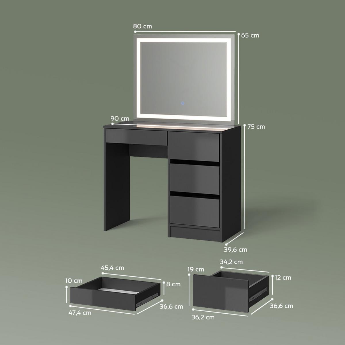 SCHMINKTISCH Imola Anthrazit 90 cm mit LED- Spiegel - Anthrazit, Holzwerkstoff (90/75/40cm) - Livinity®