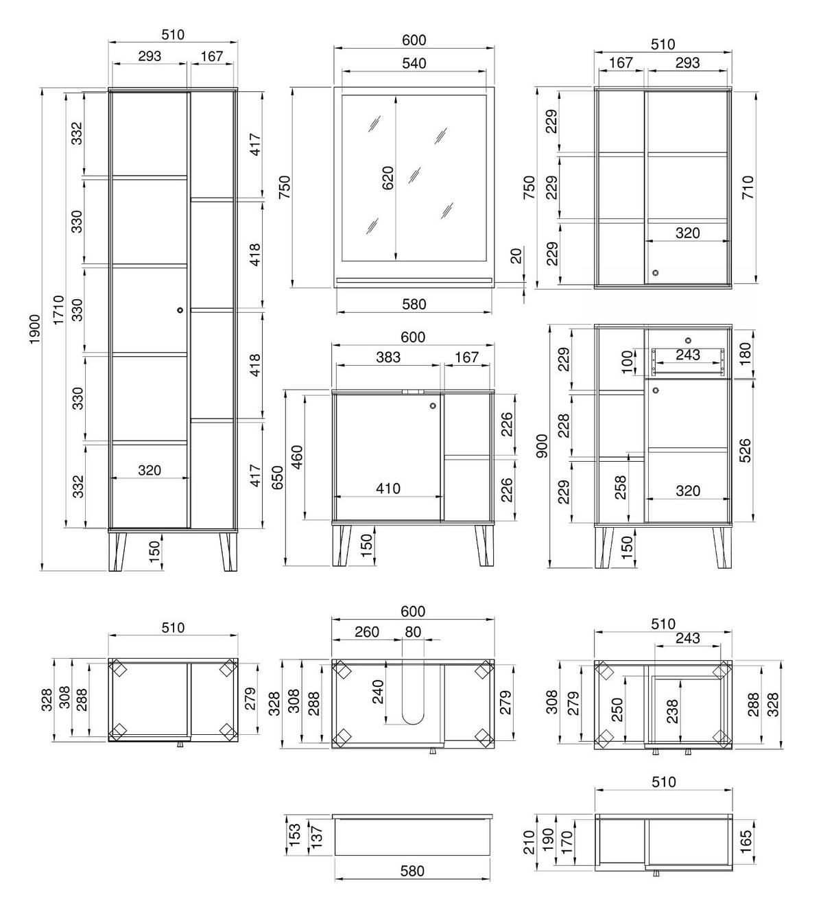 BADMÖBEL-SET 5-teilig weiß, Evoke Eiche, Badkombination, 182 x 190 cm - Eichefarben/Schwarz, Glas/Holzwerkstoff (182/190/33cm) - Furn.Design