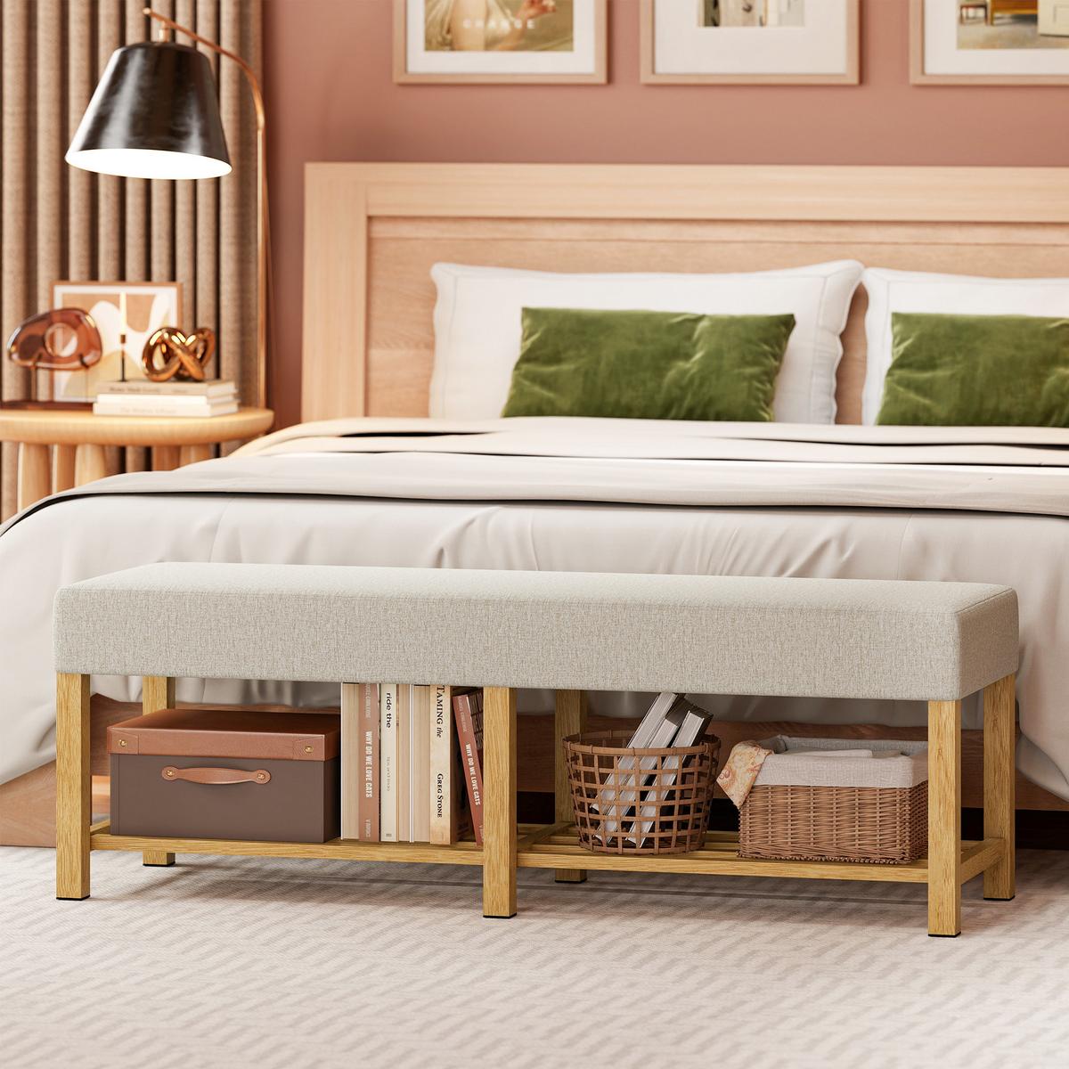 SCHUHBANK Kautschukholz Polyester Cremeweiß - Creme, Holz (140/48/44cm) - HOMCOM