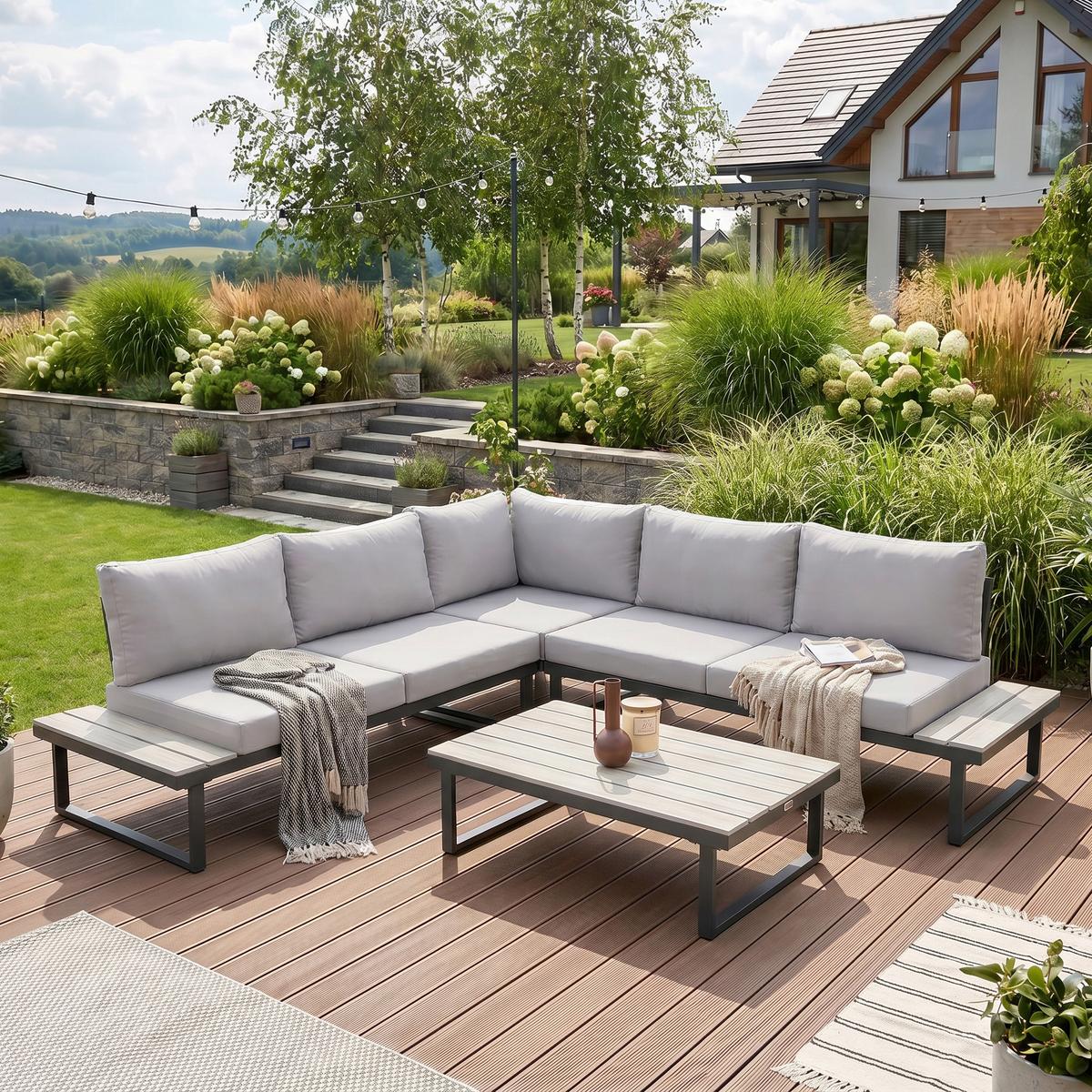 GARTENSET Madison mit Ecksofa und Kaffeetisch, Modulares Set, Metallbeine, Hellgrau - Hellgrau, Metall - Beautysofa