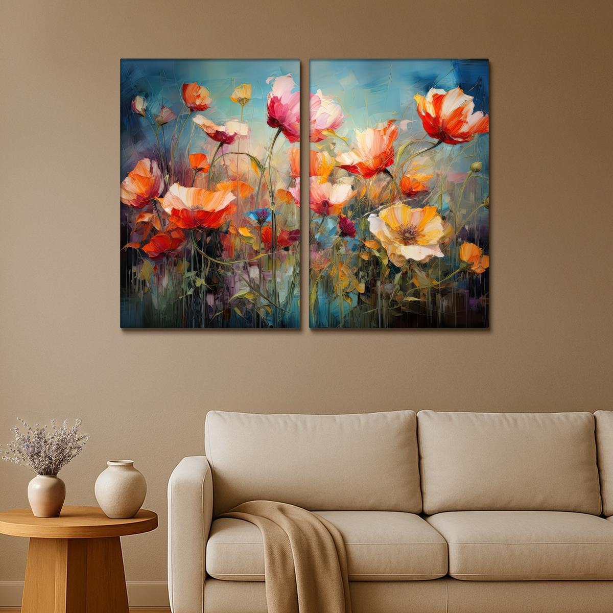 LEINWANDBILD 2er Set Blumen - Bunt - Abstrakt 120x90 cm - Blaugrau, Textil (120/90cm) - MuchoWow