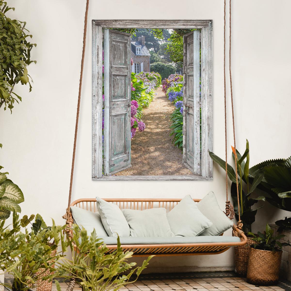GARTENPOSTER Durchblick - Hortensie - Blumen Gartendekoration 120x160 cm - Hellgrau, Kunststoff (120/160/0.2cm) - OnlyWow