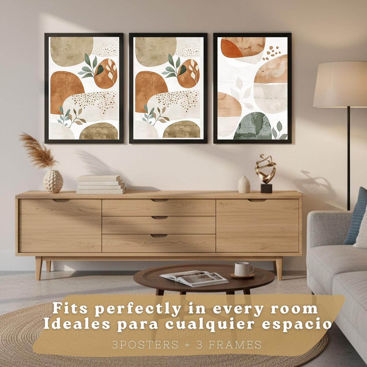 POSTER 3er Kunstdruck-Set Wandbilder Pflanzen Abstrakt Grün Braun modern Wohnzimmer Deko, Schlafzimmer, Küche, Badezimmer Schwarzer Rahmen A3 - Schwarz, Papier (29.7/1/42cm) - Nacnic