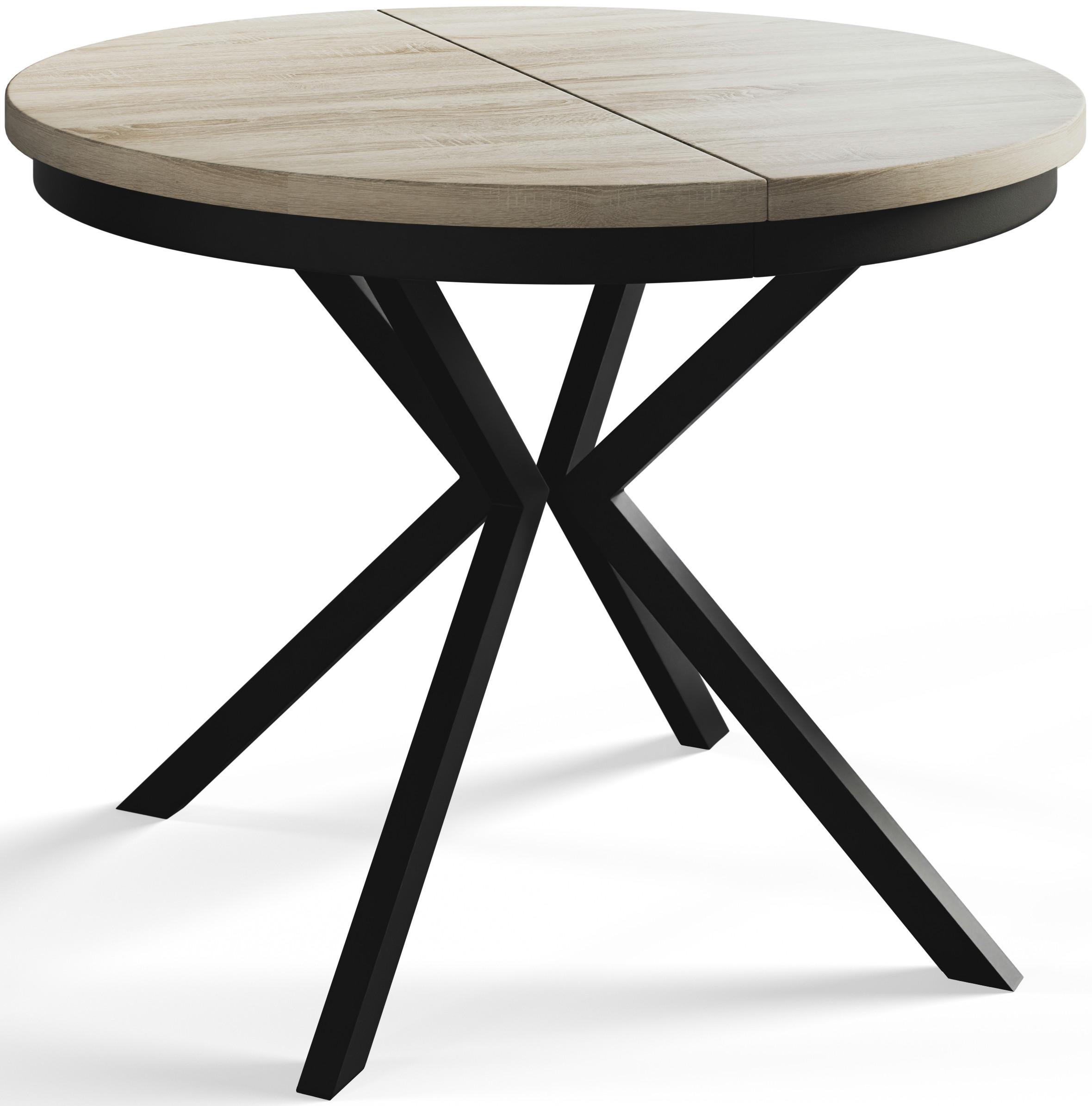 RUNDER Esszimmertisch BERGO, ausziehbarer Tisch Durchmesser: 120 cm/200 cm, Wohnzimmertisch Farbe: Beige, mit Metallbeinen in Farbe Schwarz - Schwarz/Sonoma Eiche, Holzwerkstoff (120/120/76cm) - Alpi-Möbel