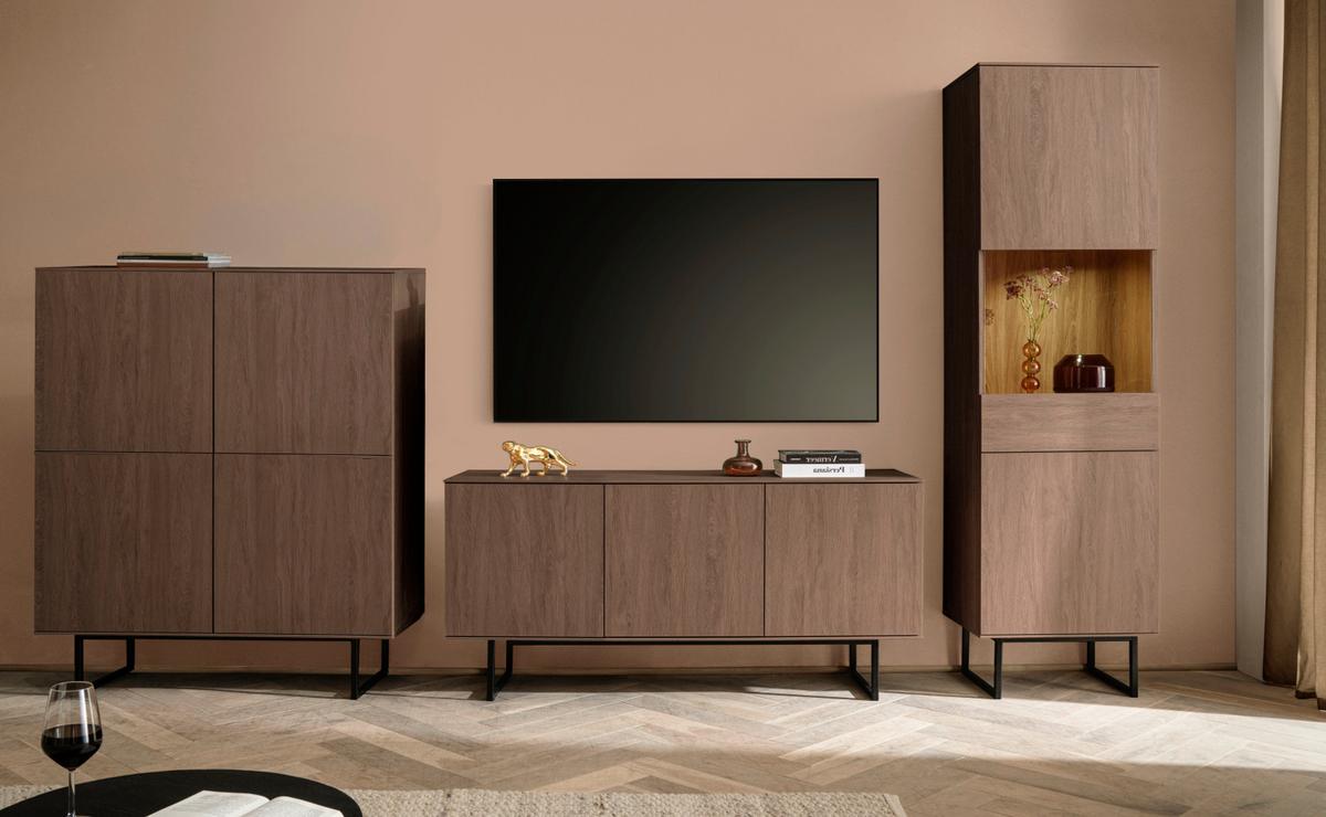 WOHNWAND in Nussbaum 3-teilig 353 cm, Komplett-Set mit Push-to-Open - Nussbaumfarben/Schwarz, Holzwerkstoff/Metall (353/200/40cm) - Furn.Design