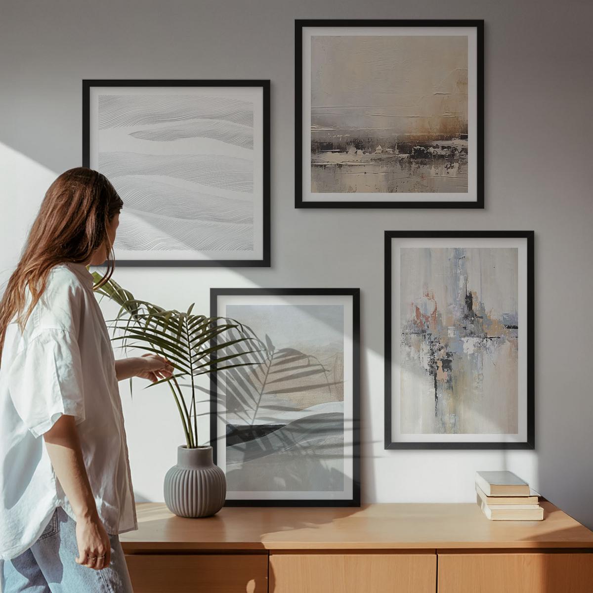 BILDER SET 4er Set - 50x50 cm & 40x60 cm Schwarzer Rahmen - Abstrakte Erdmuster - Schwarz, Kunststoff (50/50cm) - TULUP