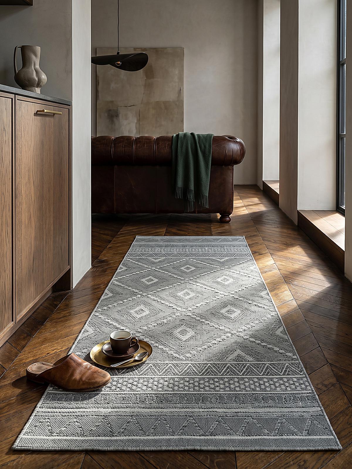 TEPPICH Flachgewebe ESERA Ethno-Rauten Polypropylen Grau 80 x 150 cm - Grau, Textil (80/150cm) - KADIMA DESIGN