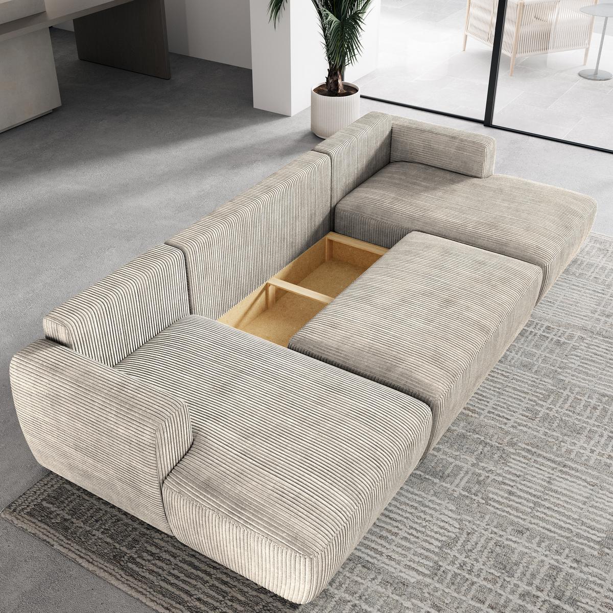 WOHNLANDSCHAFT SENTUM P Creme Kordstoff mit Schlaffunktion - Creme/Schwarz, Holz/Kunststoff (330/90/148cm) - MASSENO