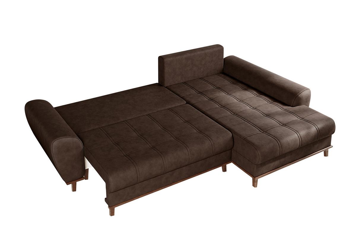 ECKSOFA im Scandi-Stil, Schlaffunktion, Bettkasten B268/T175/H86 cm, Ottomane rechts, Liegefl. 128x209 cm, Mikrofaserstoff in Vintage Braun / 21017 - Wildeiche/Eiche Bianco, Holz/Textil (268/175cm) - luma-home