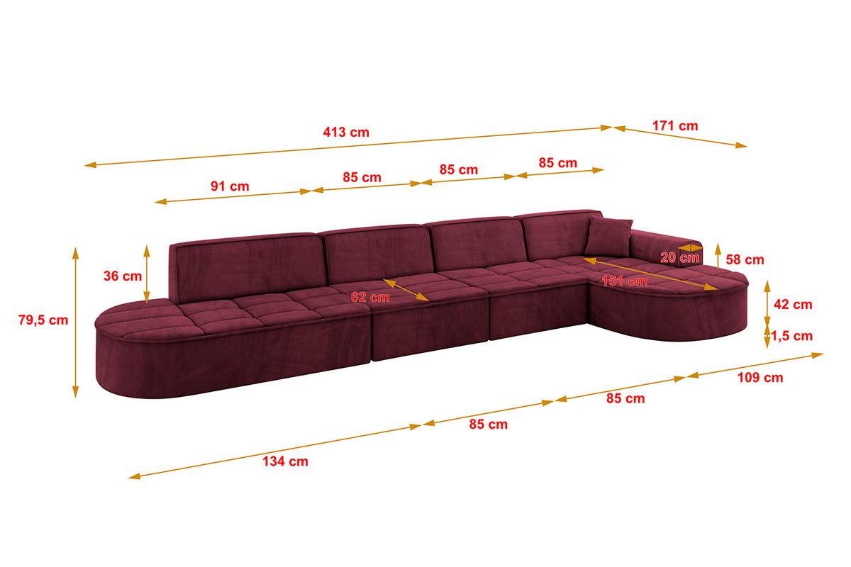 ECKSOFA Ottomane Rechts TARO-L3 - 413x171x79,5 cm Bordeauxrot - Bordeaux, Holzwerkstoff/Textil (413/171cm) - ALTDECOR