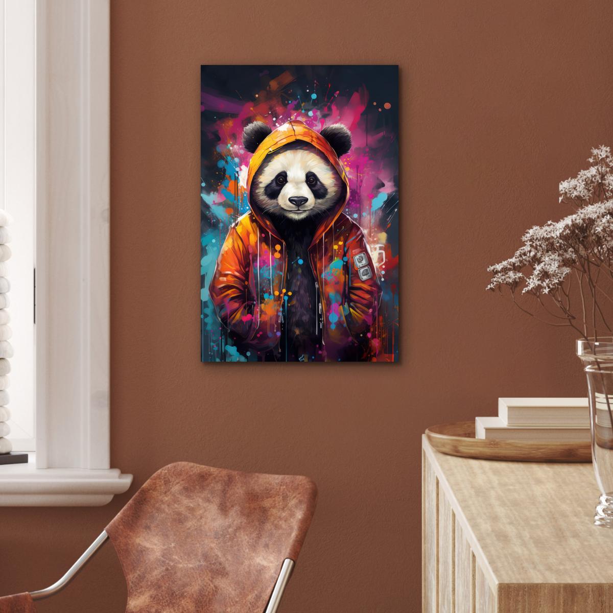 METALLBILD Panda - Jacke - Graffiti - Orange Deko Schlafzimmer 40x60 cm - Orange, Metall (40/60cm) - MuchoWow