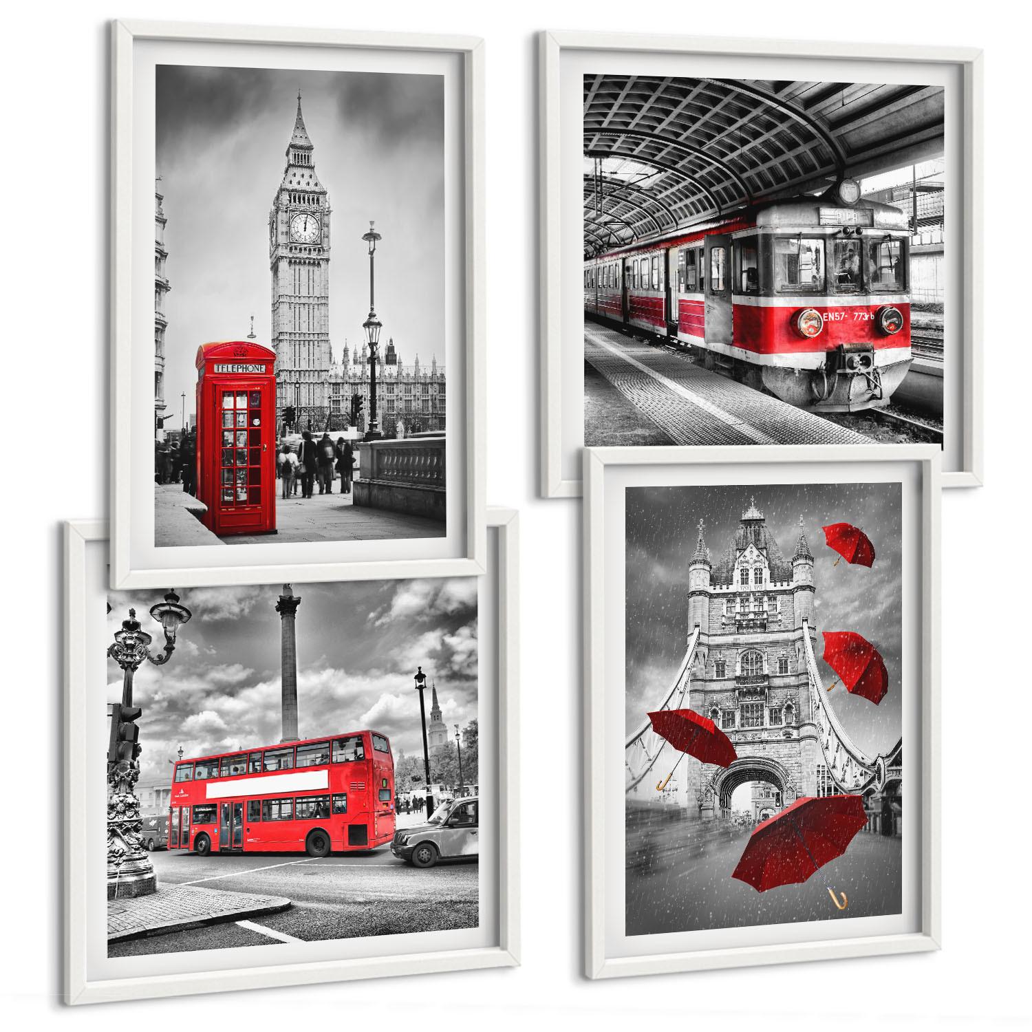 BILDER SET 4er Set - 50x50 cm & 40x60 cm Weißer Rahmen - Red Accents London - Weiß, Kunststoff (50/50cm) - TULUP