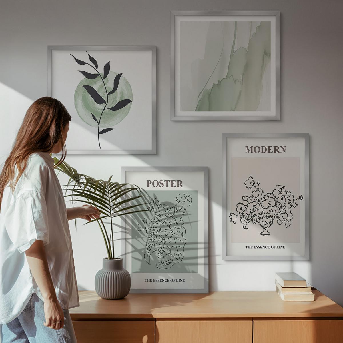 BILDER SET 4er Set - 50x50 cm & 40x60 cm Silberner Rahmen - Blumen in einer modernen Vase - Silberfarben, Kunststoff (50/50cm) - TULUP