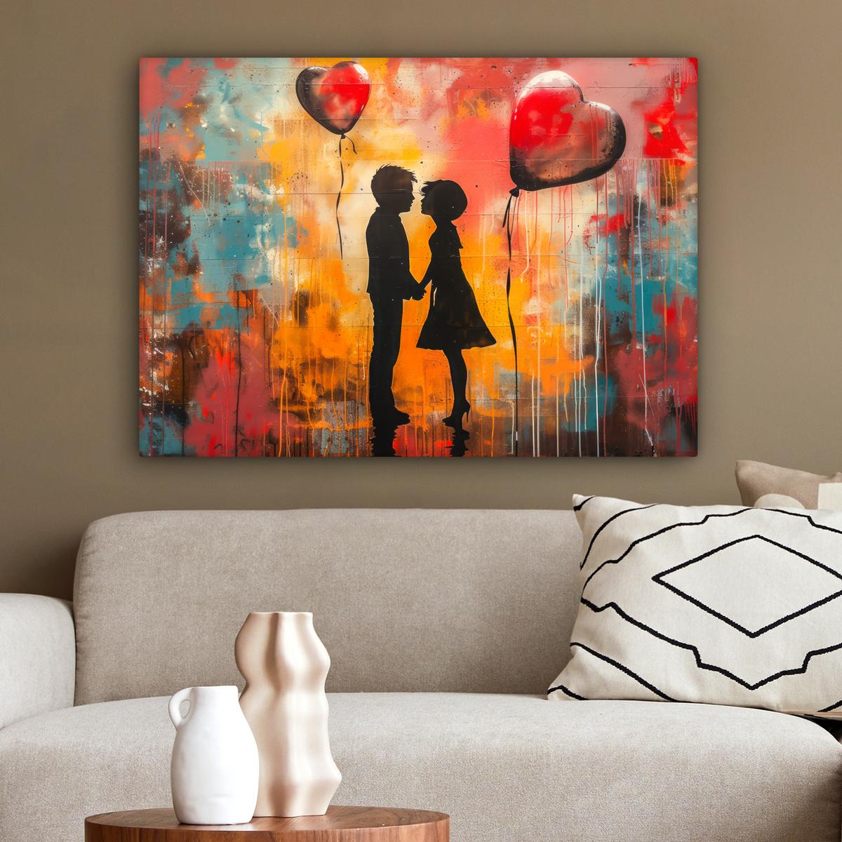 LEINWANDBILD Straßenkunst - Liebe - Graffiti - Kunst - Banksy Wandbilder 80x60 cm - Orange, Textil (80/60cm) - MuchoWow