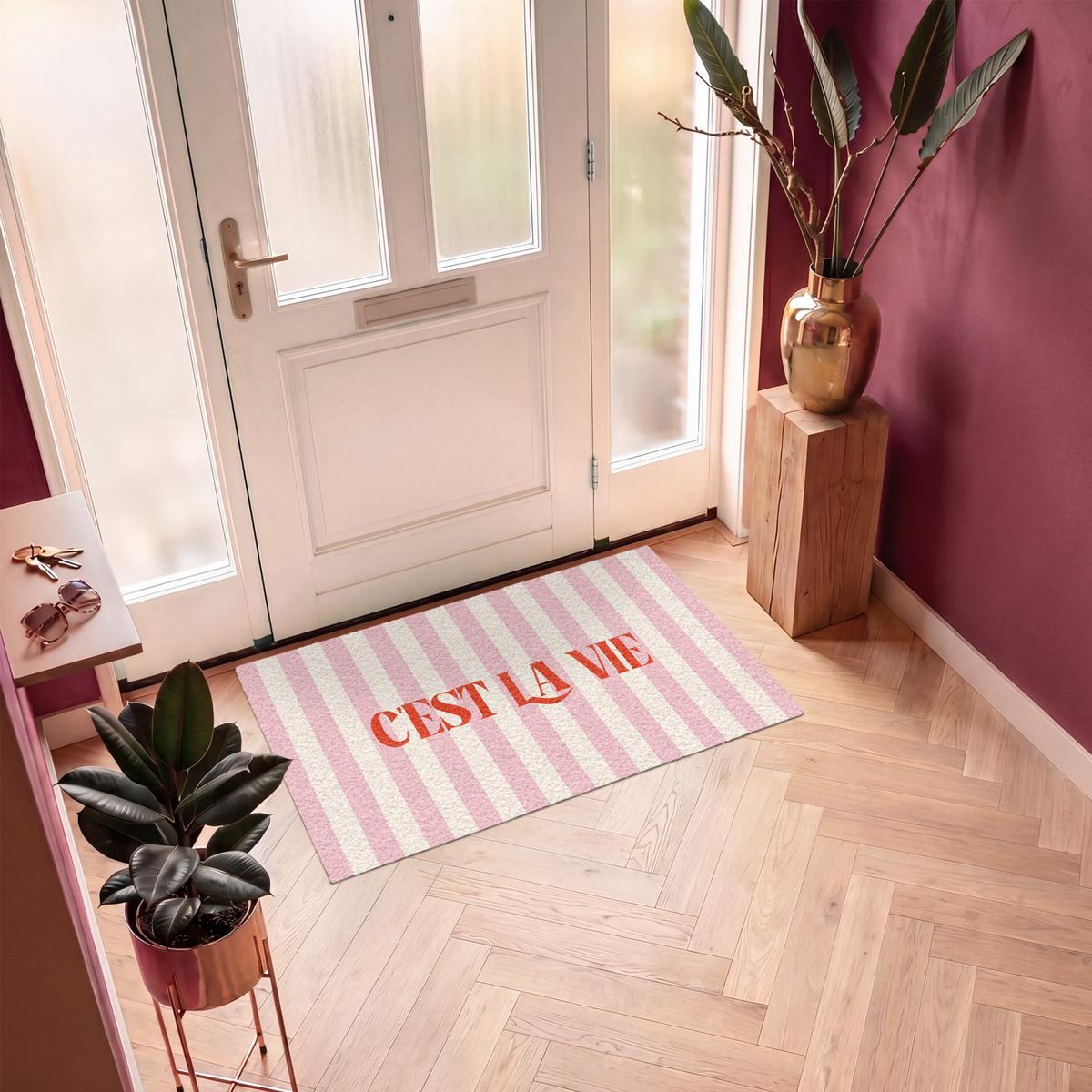FUSSMATTE Zartrosa – Rot – Streifen – C'est La Vie 120x80 cm - Rosa, Kunststoff (120/0.4cm) - MuchoWow