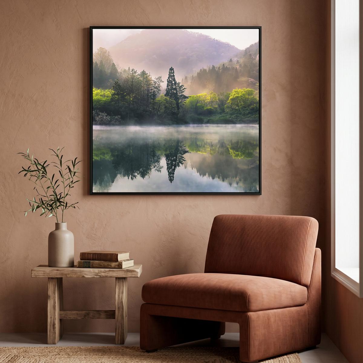 LEINWAND Bilder mit Rahmen - Natur - Bäume - Berge - See - Wasser - 90x90 - Hellgrün, Textil (90/90cm) - MuchoWow