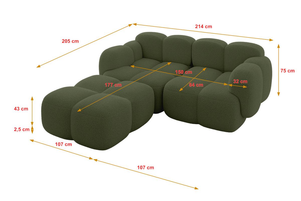 ECKSOFA modulares Sofa Links Miko-L1 214x205x75 Grün Bouclé - Smaragdgrün/Schwarz, Holzwerkstoff/Kunststoff (214/205cm) - ALTDECOR