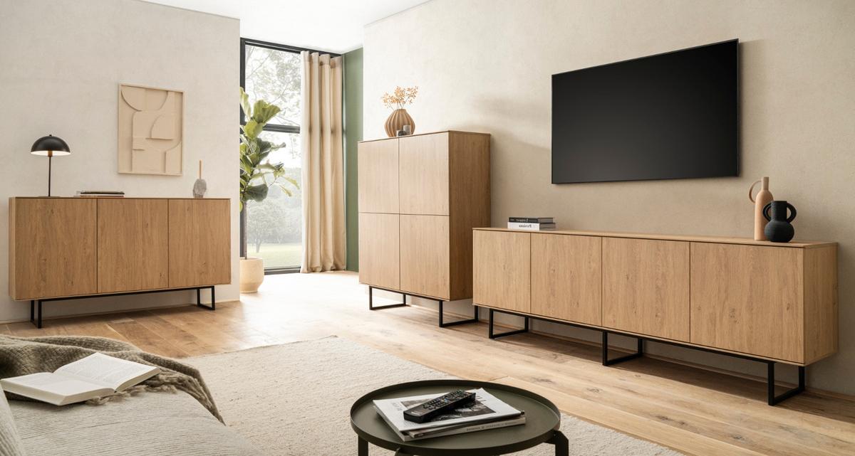 WOHNWAND in Eiche Dekor, Wohnzimmer Set mit TV Lowboard 200 cm und Highboard 4-türig, Push-To-Open - Eichefarben/Schwarz, Holzwerkstoff/Metall (330/137/40cm) - Furn.Design