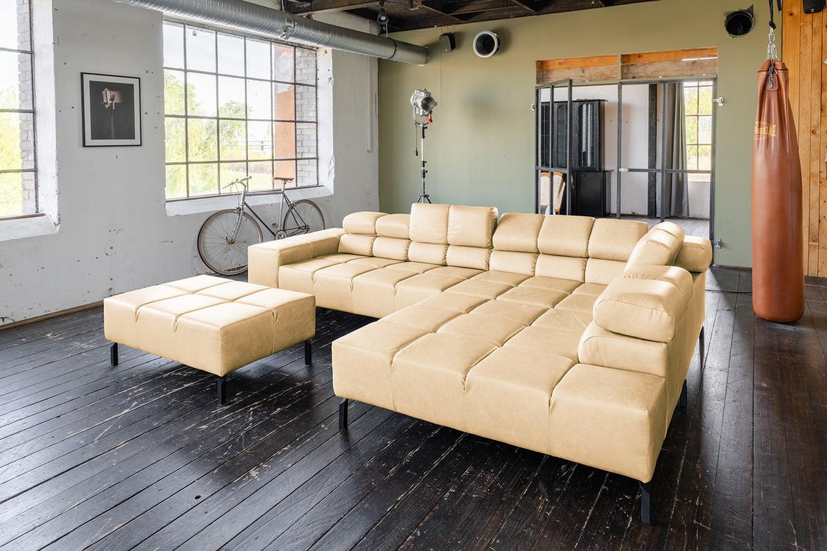 ECKSOFA NELSON Beige Leder - Beige/Schwarz, Leder/Metall (321/216cm) - KAWOLA