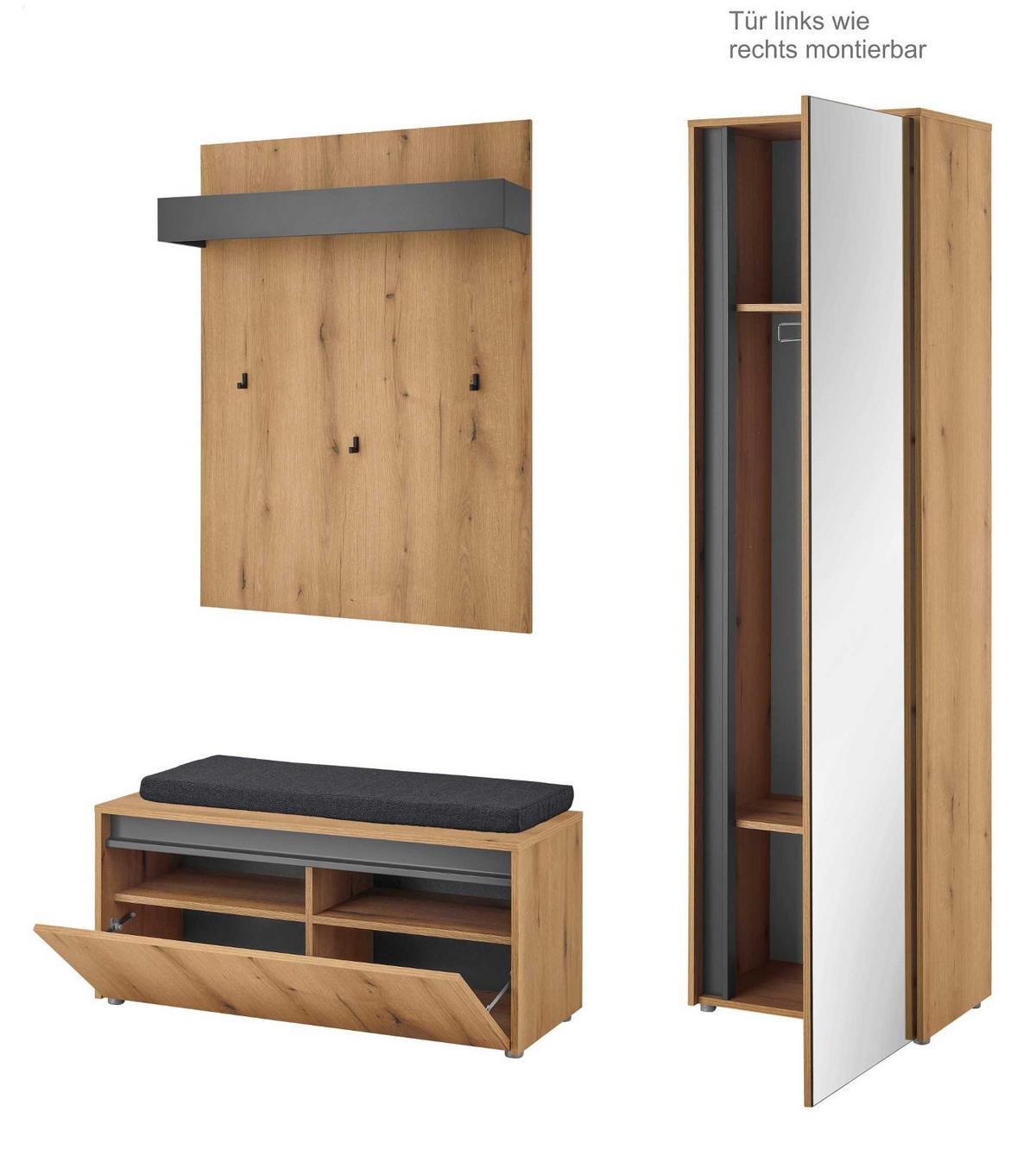 GARDEROBEN-SET 4-teilig Evoke Eiche, grau 170 cm, Garderobe inklusive Sitzkissen - Eichefarben/Schwarz, Glas/Holzwerkstoff (170/200/40cm) - Furn.Design