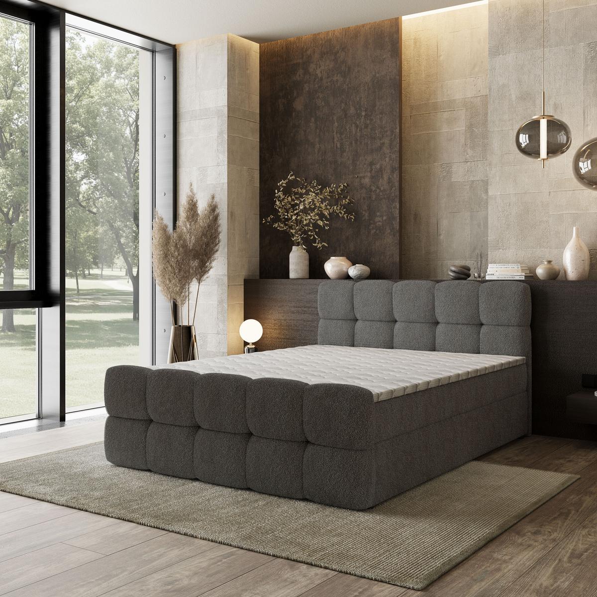 BOXBETT BRUME 160x200 cm mit Matratze und Topper, H2+H3 - Grau - Grau, Holz (160/200cm) - MASSENO