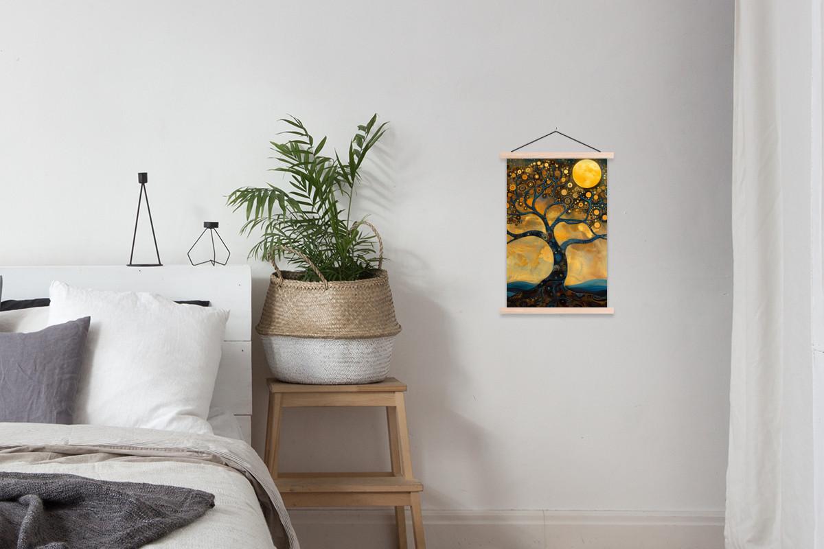 POSTER MIT MAGNETLEISTEN Baum - Mond - Blumen - Gold - Kunst Deko Wohnzimmer 40x60 cm - Orange, Textil (40/60/0.15cm) - MuchoWow