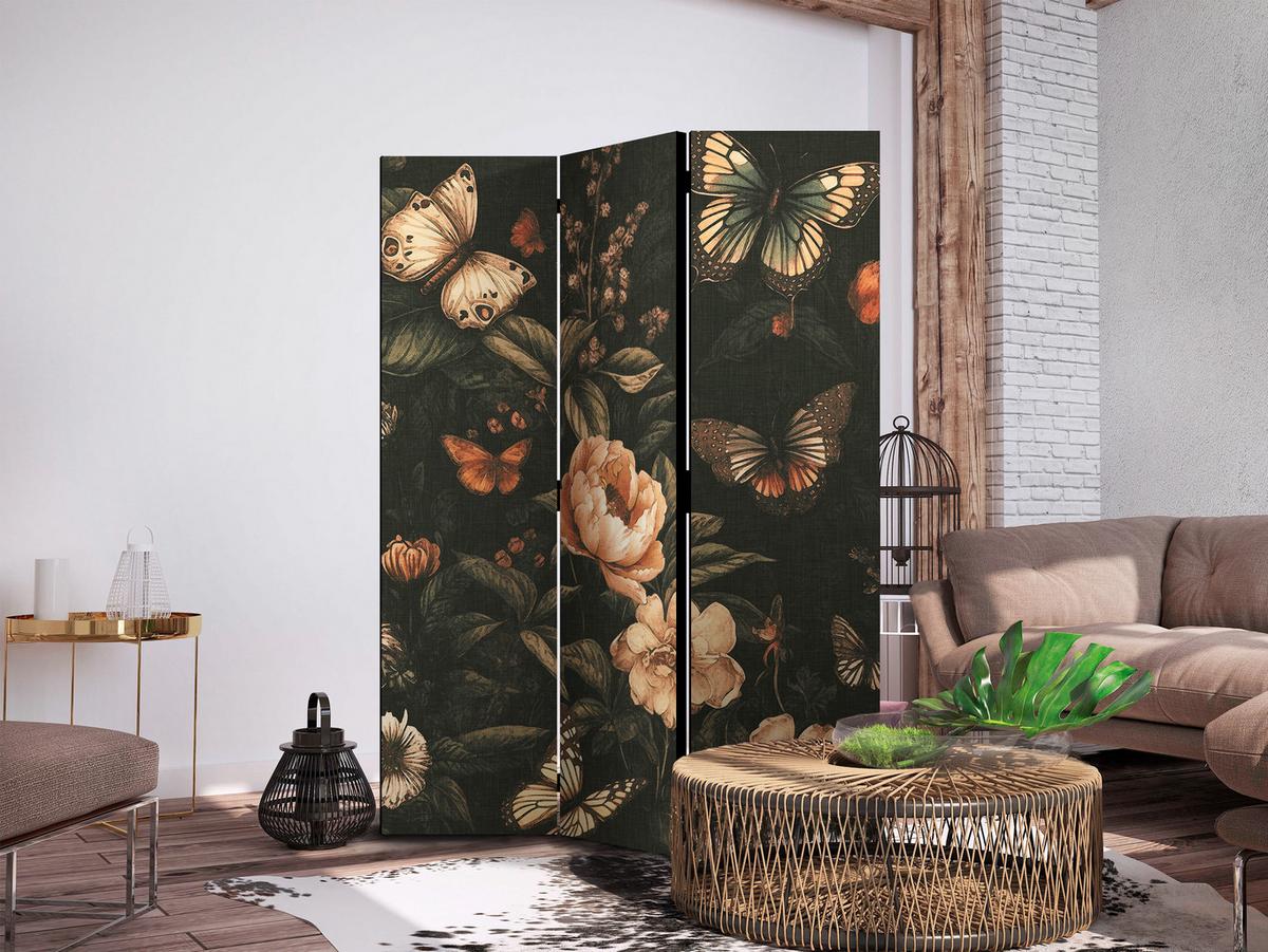 PARAVENT Einseitig Bedruckter 3-tlg 135x172 cm Schmetterlinge und Blumen - Schwarz, Holz/Textil (135/172/3cm) - Muralo