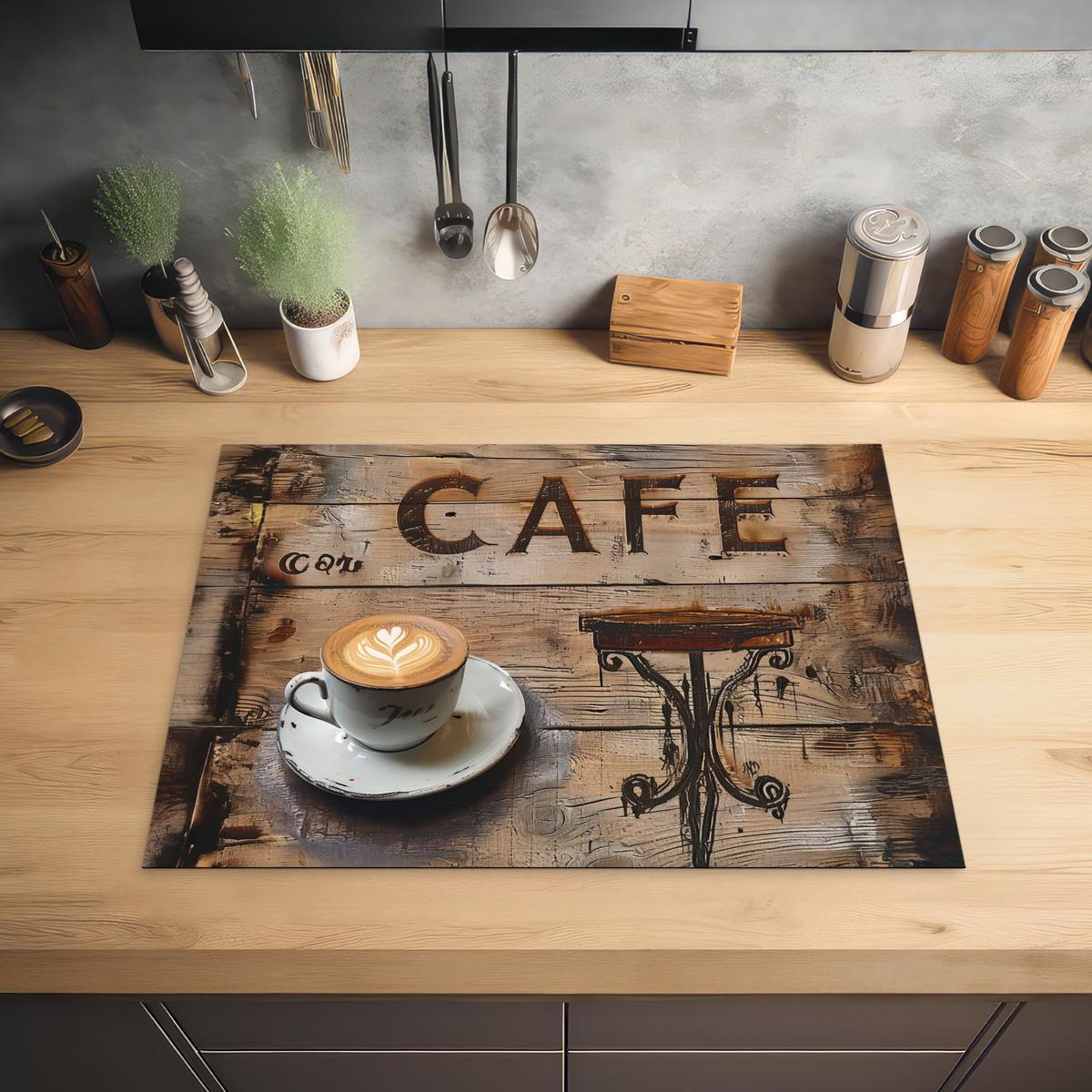 HERDABDECKPLATTE Cafe - Holz - Kaffee - Regale Herdabdeckung Induktionsfeld 70x52 cm - Schwarz, Kunststoff (70/52/0.2cm) - MuchoWow