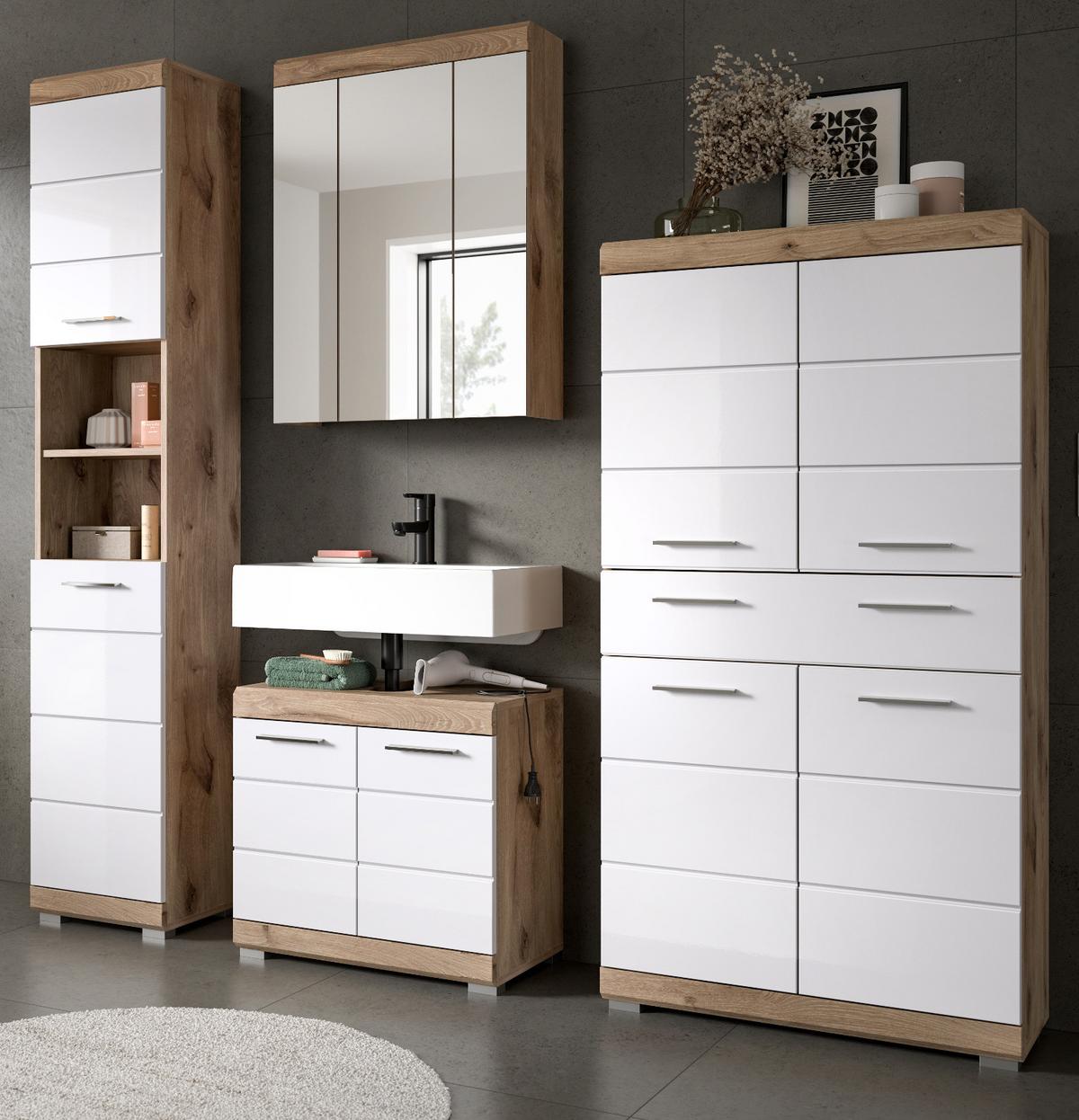 BADMÖBEL-SET weiß Hochglanz, Eiche 4-teilig 200 cm mit viel Stauraum - Weiß Hochglanz/Eichefarben, Glas/Holzwerkstoff (200/191/34cm) - Inn.Furn