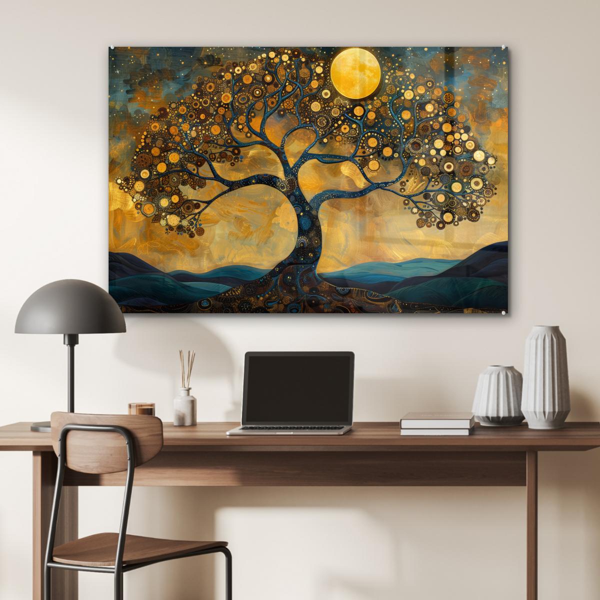 ACRYLGLASBILD Baum - Mond - Blumen - Gold - Kunst Wandbild Schlafzimmer 120x80 cm - Orange, Glas (120/80cm) - MuchoWow
