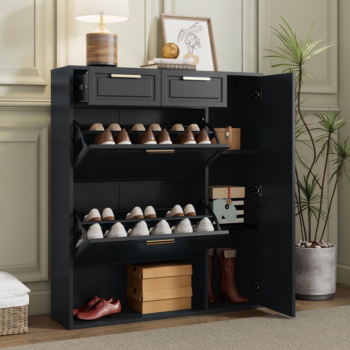 SCHUHSCHRANK mit verstellbaren Regalen und Schubladen, Schwarz - Schwarz, Holzwerkstoff (24/107/95cm) - Urban Meuble
