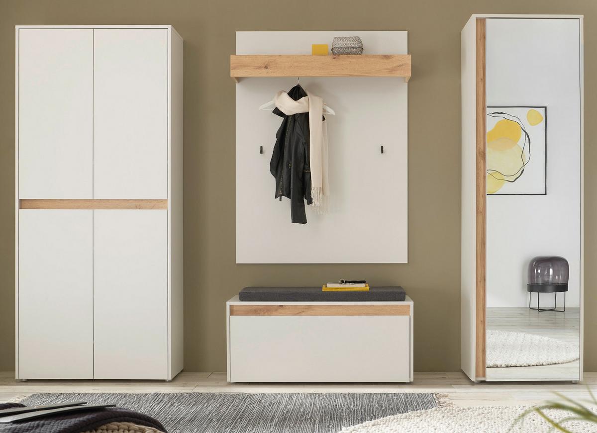 GARDEROBEN-SET weiß matt, Eiche Wotan 5-teilig 265 cm, mit Schuh- und Garderobenschrank - Eiche Wotan/Schwarz, Glas/Holzwerkstoff (265/200/40cm) - Furn.Design