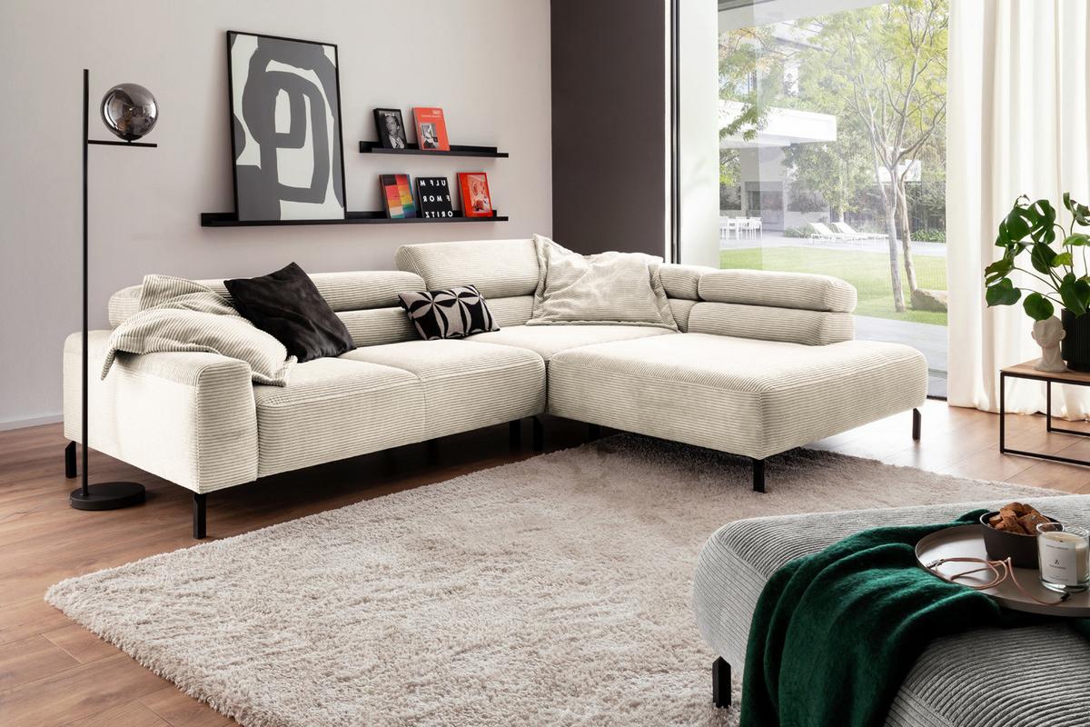 ECKSOFA MIT MOTORISCHEM SITZVORZUG DELIA Cremeweiß Cord Relaxfunktion - Creme/Schwarz, Textil/Metall (312/219cm) - KAWOLA