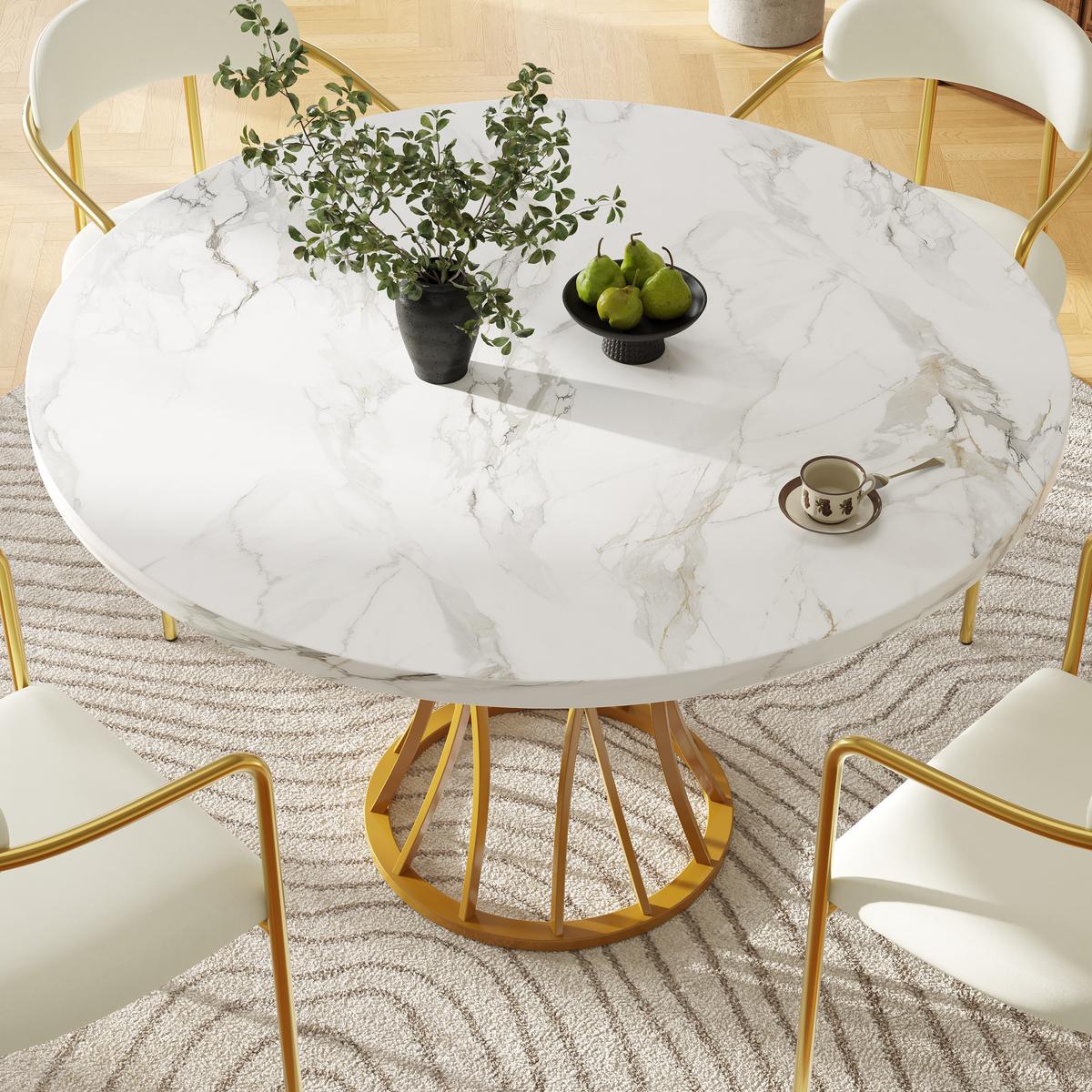 ESSTISCH SET mit 4 Stühlen, Weißer Marmoroptik und Goldenes Gestell - Beige, Holzwerkstoff/Textil (80/76/80cm) - Urban Meuble