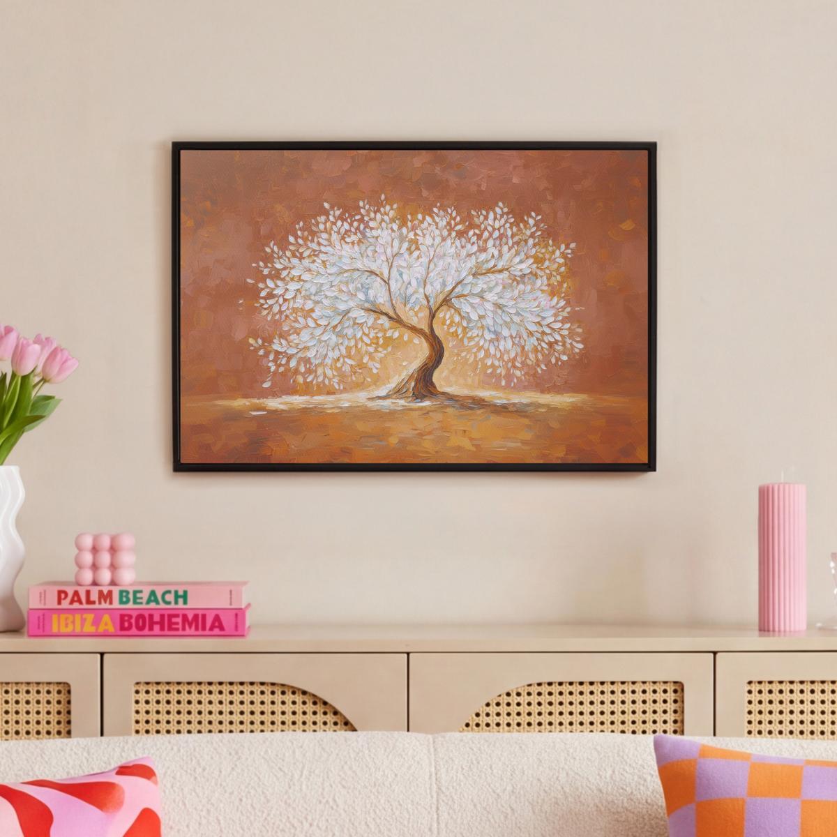 LEINWAND Bilder mit Rahmen - Abstrakt - Baum - Weiß - Blätter - 60x40 - Braun, Textil (60/40cm) - MuchoWow