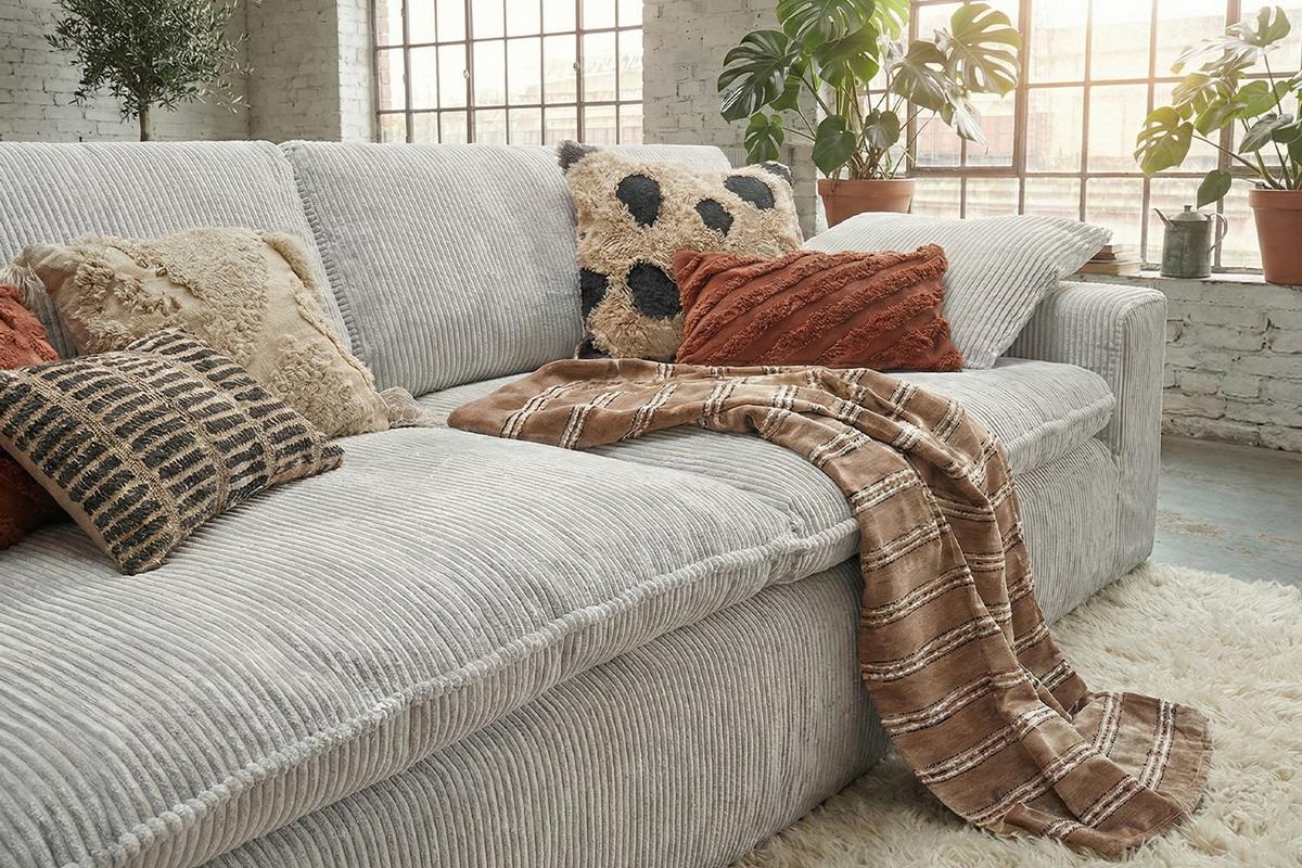 SOFA NETTA Hellgrau Cord - Hellgrau/Braun, Birkenholz/Textil (258/90/116cm) - KAWOLA