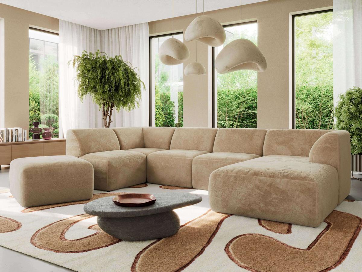 WOHNLANDSCHAFT MODARO U 6M - Beige Plüsch - Rechts - Beige/Schwarz, Textil (345/78/180cm) - MKS