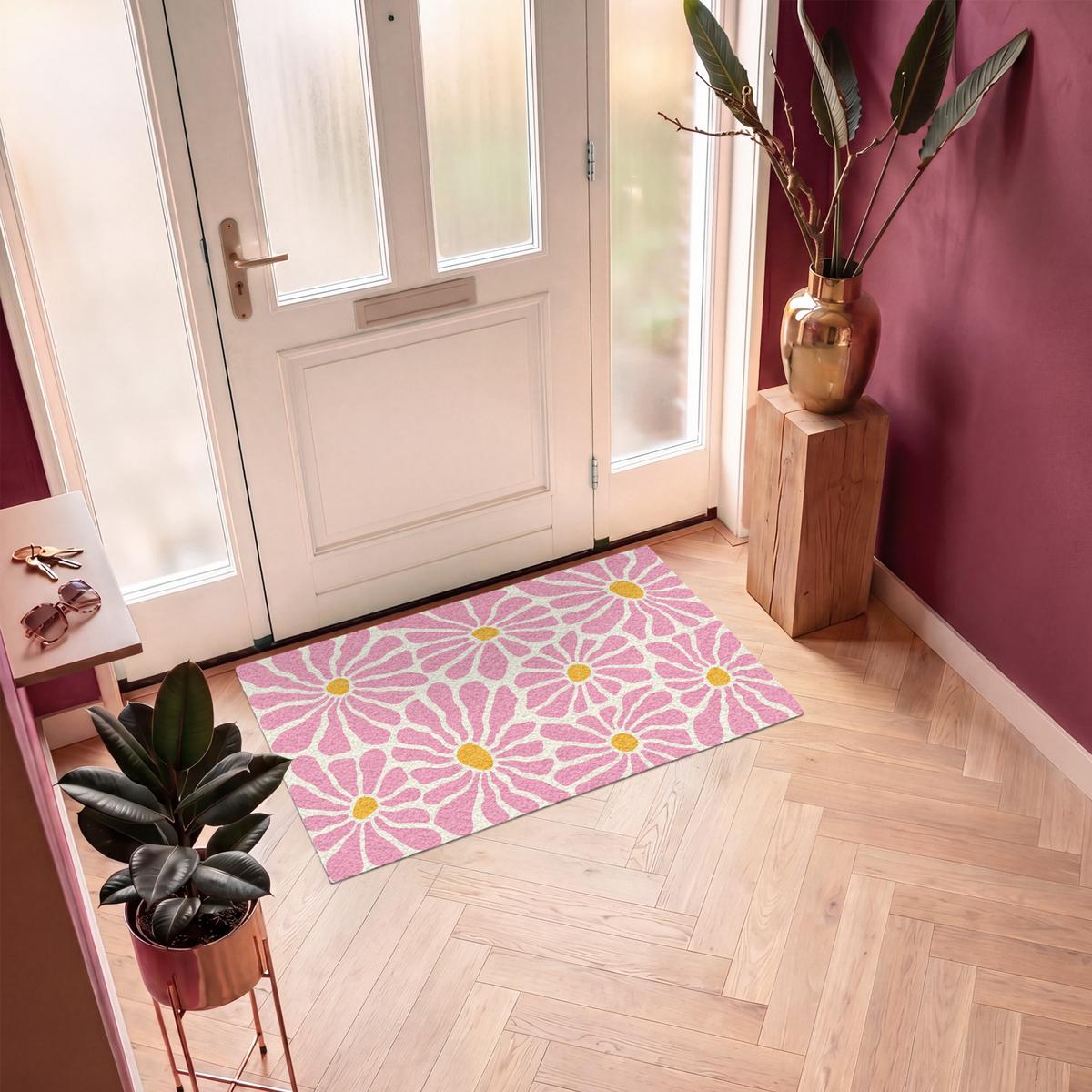 FUSSMATTE Blumen - Muster - Rosa - Beige - Orange Sauberlaufmatte 120x80 cm - Rosa, Kunststoff (120/0.4cm) - MuchoWow