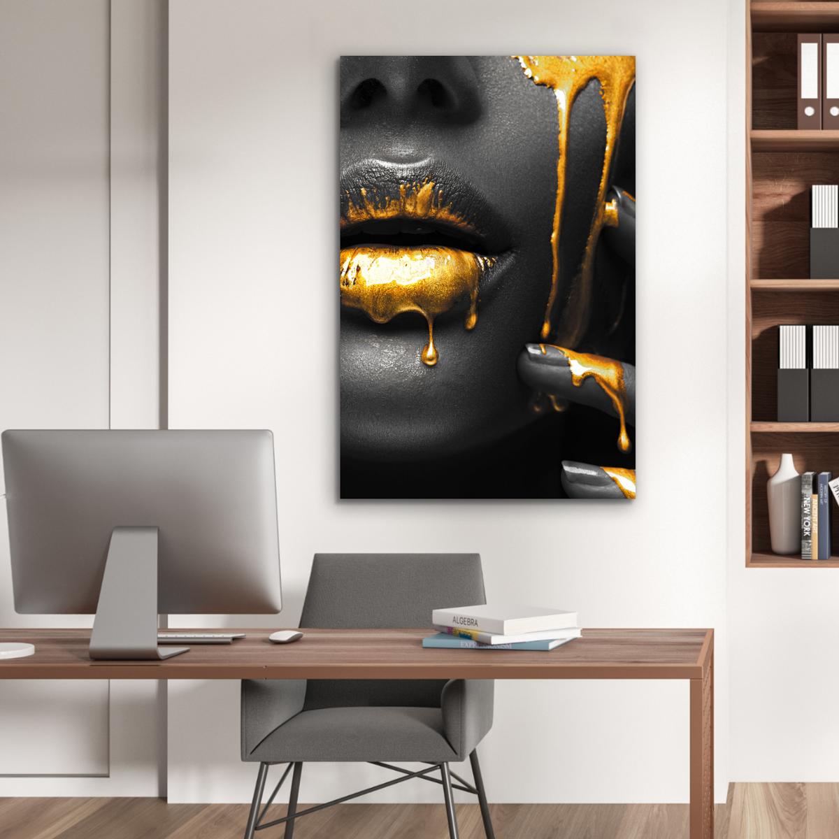 METALLBILD Frau - Schwarz - Gold - Gesicht - Lippen 80x120 cm - Goldfarben, Metall (80/120cm) - MuchoWow
