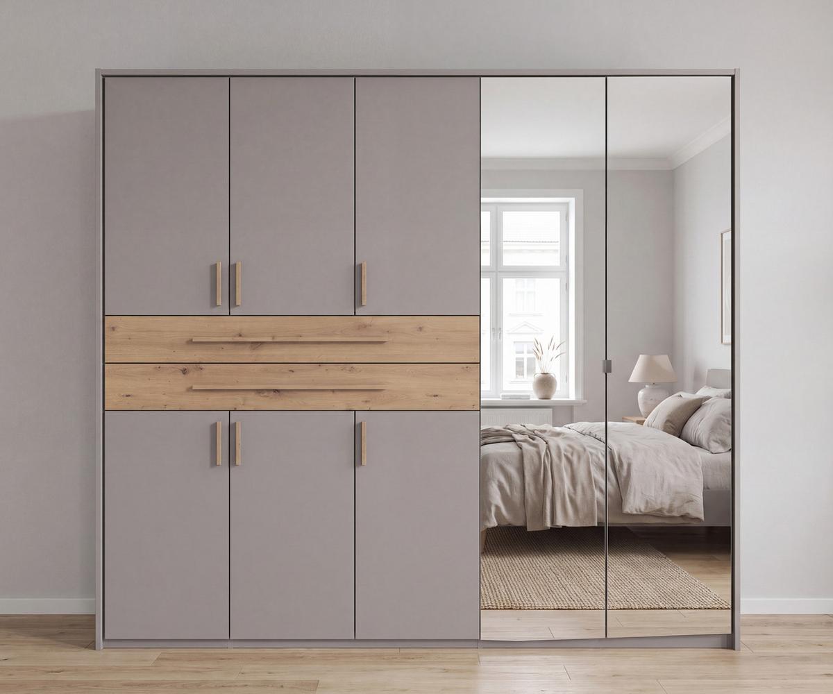 DREHTÜRENSCHRANK B228/H210/T58 cm Sandgrau, Kleiderschrank m. Passepartout, 2 Spiegeltüren, 2 Schubkästen & Griffe in Eiche Artisan Dekor / 22638 - Sandfarben/Eiche Artisan, Holzwerkstoff/Kunststoff (228/210/58cm) - luma-home