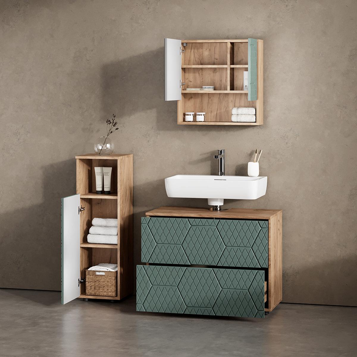 BADMÖBEL-SET Ronco Grün/Goldkraft Eiche 3 Teile, mit Midischrank - Honigeiche/Grün, Holzwerkstoff (80/58/41cm) - Livinity®