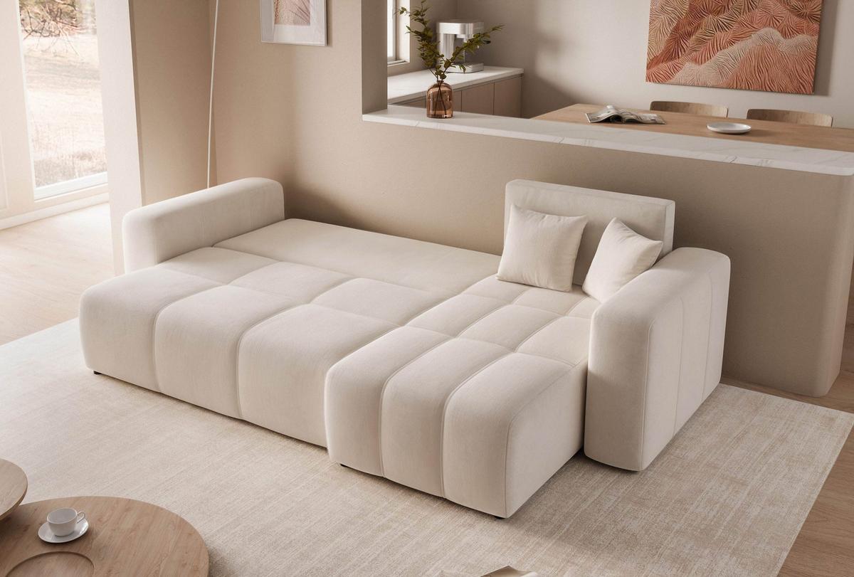 ECKSOFA Creme Velours mit Bettkasten und Schlaffunktion - Creme, Textil (248/145cm) - Idohome