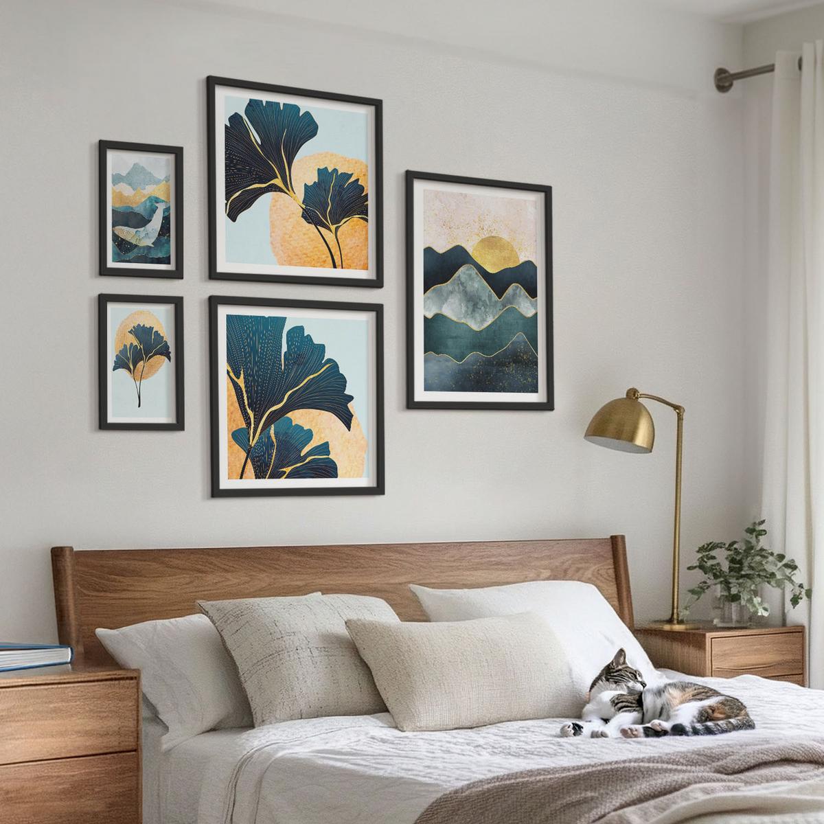 BILDER SET 5er Set - 50x50 cm & 20x30 cm & 40x60 cm Schwarzer Rahmen - Fruchtige Muster italienischer Wein - Schwarz, Kunststoff (40/60cm) - TULUP