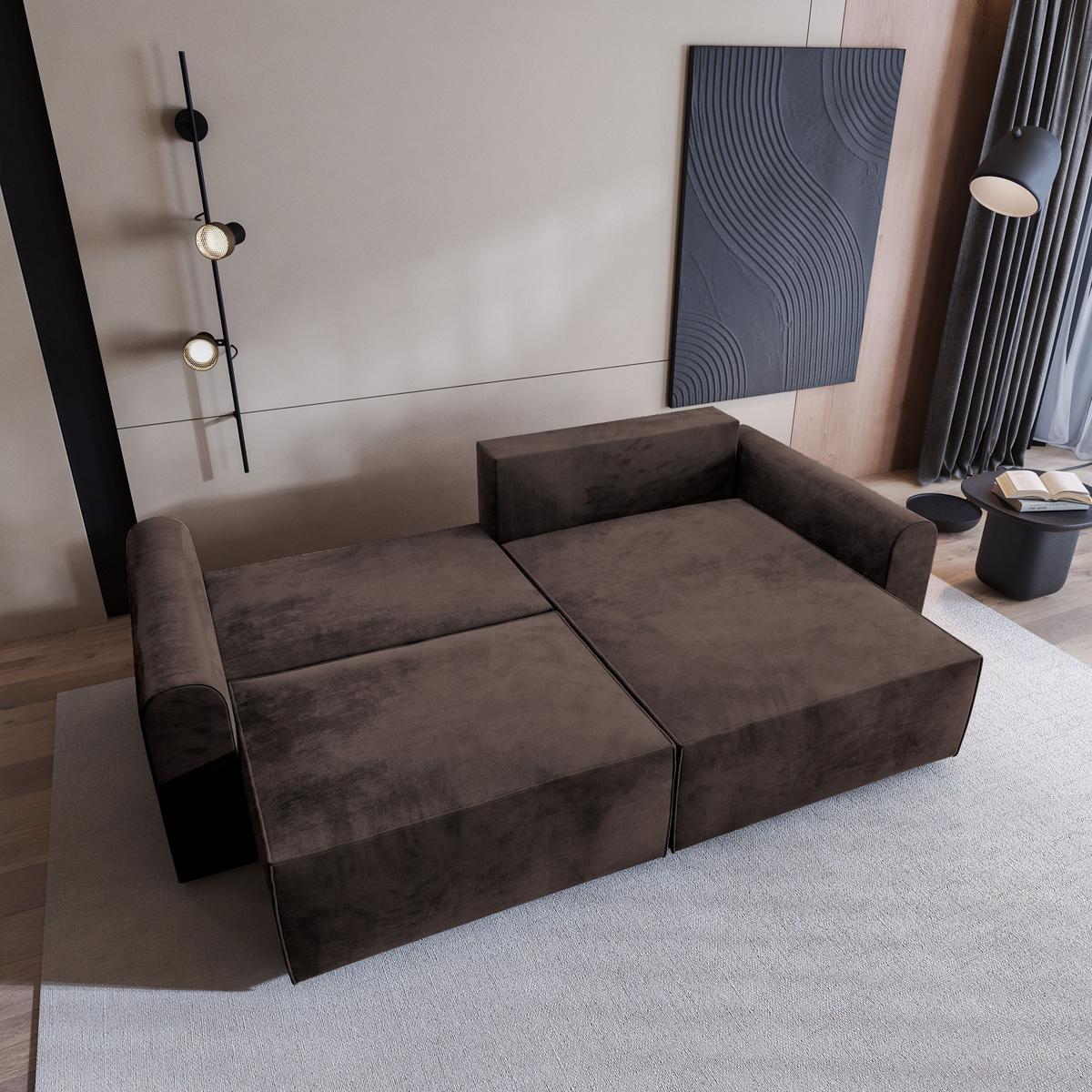 ECKSOFA FIANO M Braun Velours-Stoff mit Schlaffunktion - Braun/Grau, Holz/Kunststoff (245/148cm) - MASSENO