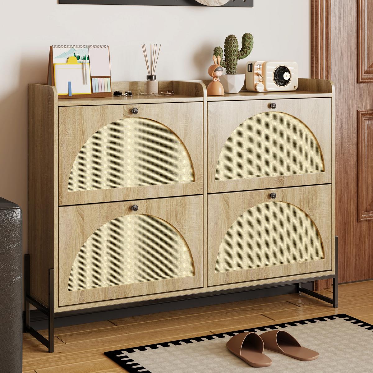SCHUHSCHRANK mit 4 Klapptüren, Holz, Beige - Naturfarben, Textil (118/91.5/25cm) - Urban Meuble