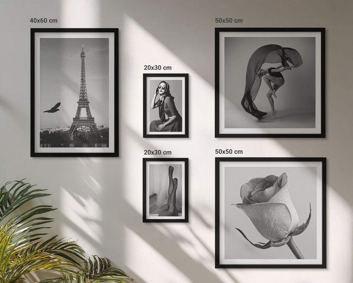 BILDER SET 5er Set - 50x50 cm & 20x30 cm & 40x60 cm Schwarzer Rahmen - Stilvolle Porträts eleganter Frauen - Schwarz, Kunststoff (40/60cm) - TULUP
