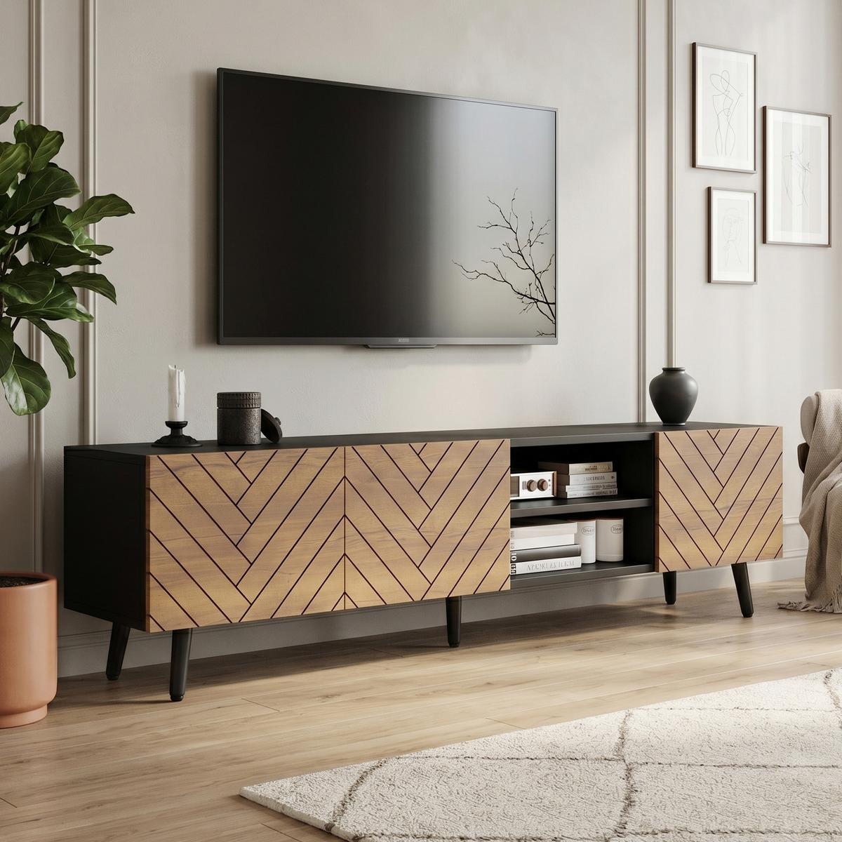 TV-LOWBOARD 180cm Schwarz & Holzoptik für 75 Zoll TV, 3 Türen & Kabelmanagement - Naturfarben, Holzwerkstoff (180/45/33.5cm) - Urban Meuble