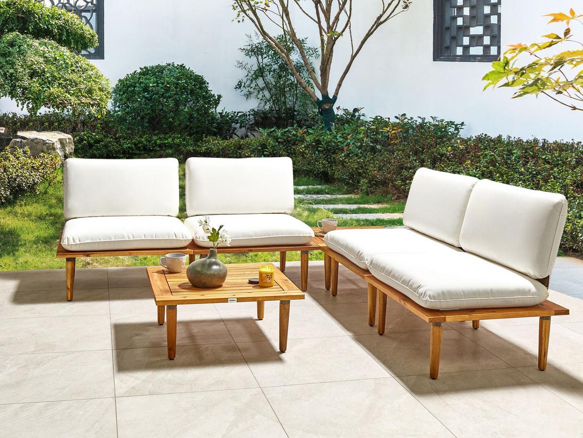 4-SITZER LOUNGE SET zertifiziertes Akazienholz hellbraun modular Auflagen cremeweiß Frascati - Hellbraun/Weiß, Holz (70/70/80cm) - Beliani